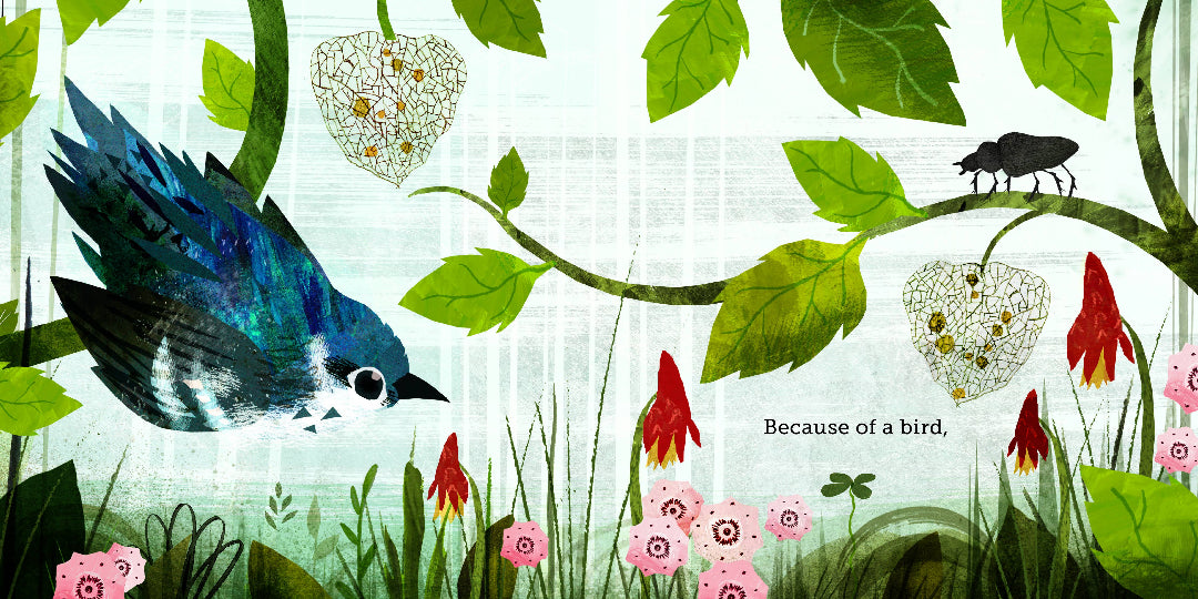 Illustration of a blue bird among green leaves and flowers with text &