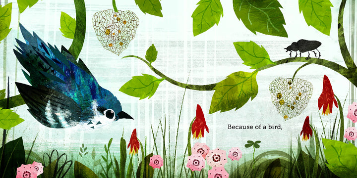 Illustration of a blue bird among green leaves and flowers with text &