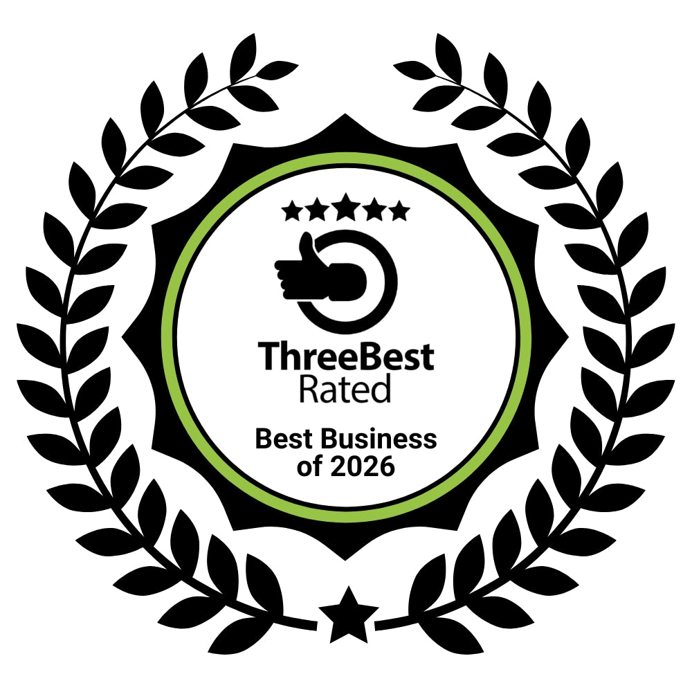 ThreeBest Rated Best Business of 2026 award with laurel wreath on a white background