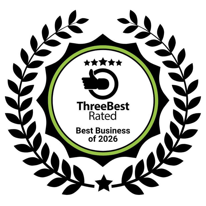 ThreeBest Rated Best Business of 2026 award with laurel wreath on a white background