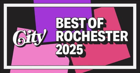 Promotional graphic for 'Best of Rochester 2025' with abstract shapes in purple and pink on a black background.