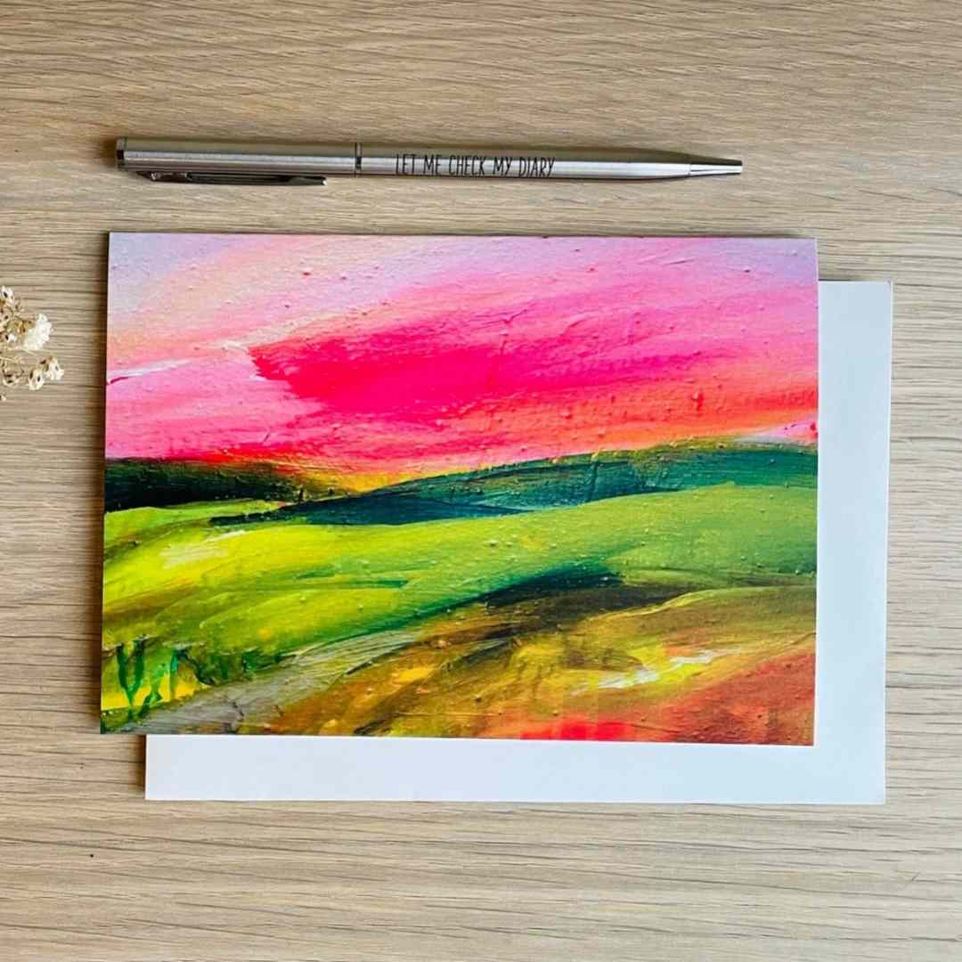 Beth Garner | Abstract Landscape | Pink sky and green landscape.