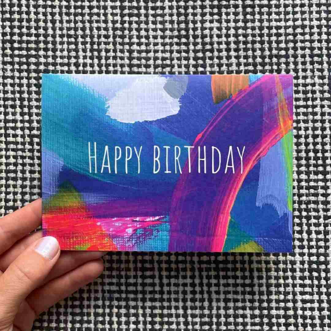 Beth Garner | Abstract Painterly Greeting Card, Happy Birthday, blue, pink, and white