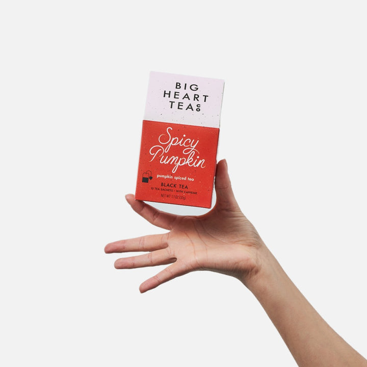 Big Heart Tea Co | Hand holding a box of Big Heart Teas Spicy Pumpkin tea against a white background