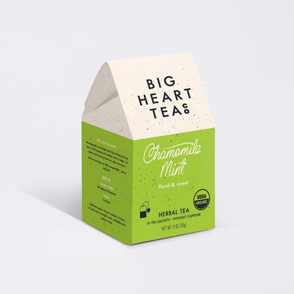 Big Heart Tea Co | Green box of Big Heart Teas Chamomile Mint herbal tea on a light gray background