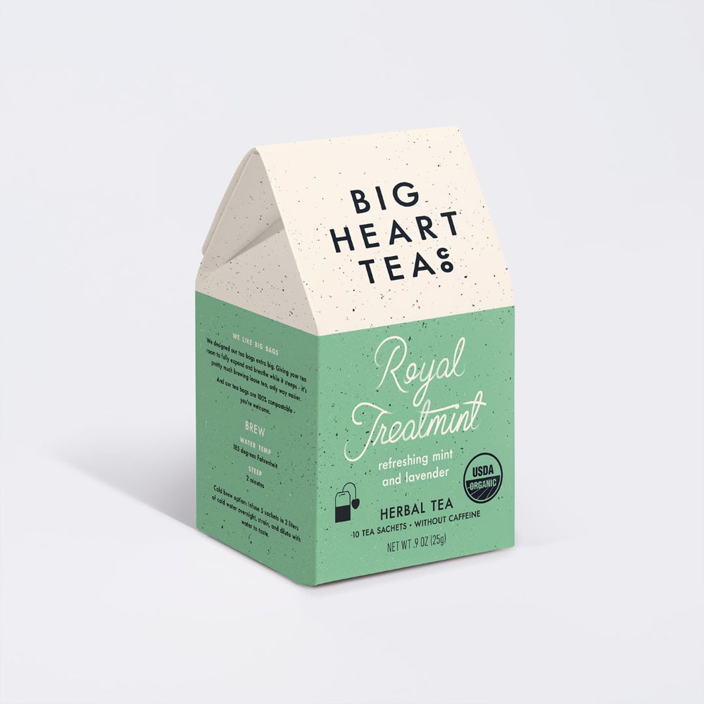Big Heart Teas Royal Treatmint tea box on a light gray background