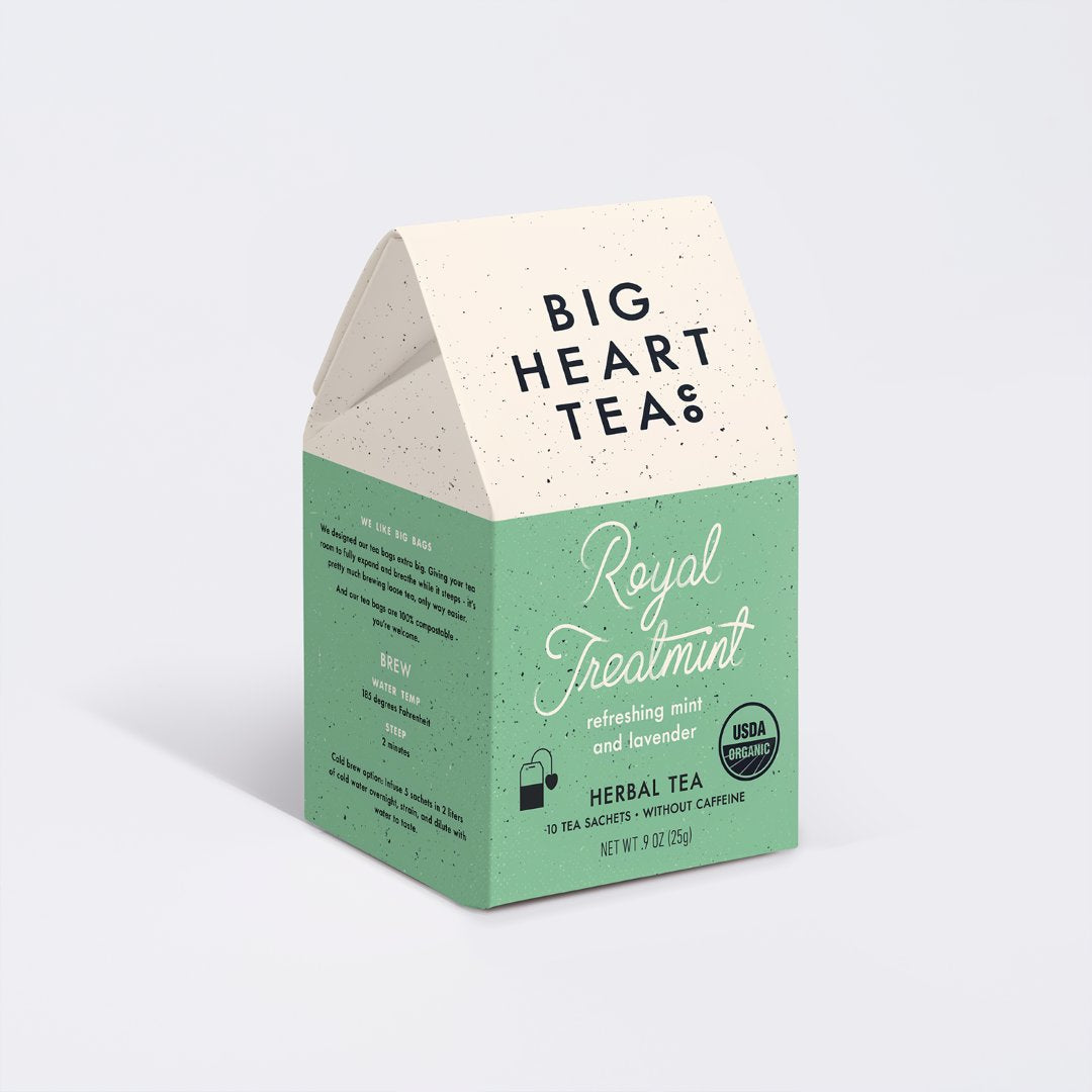 Big Heart Teas Royal Treatmint tea box on a light gray background