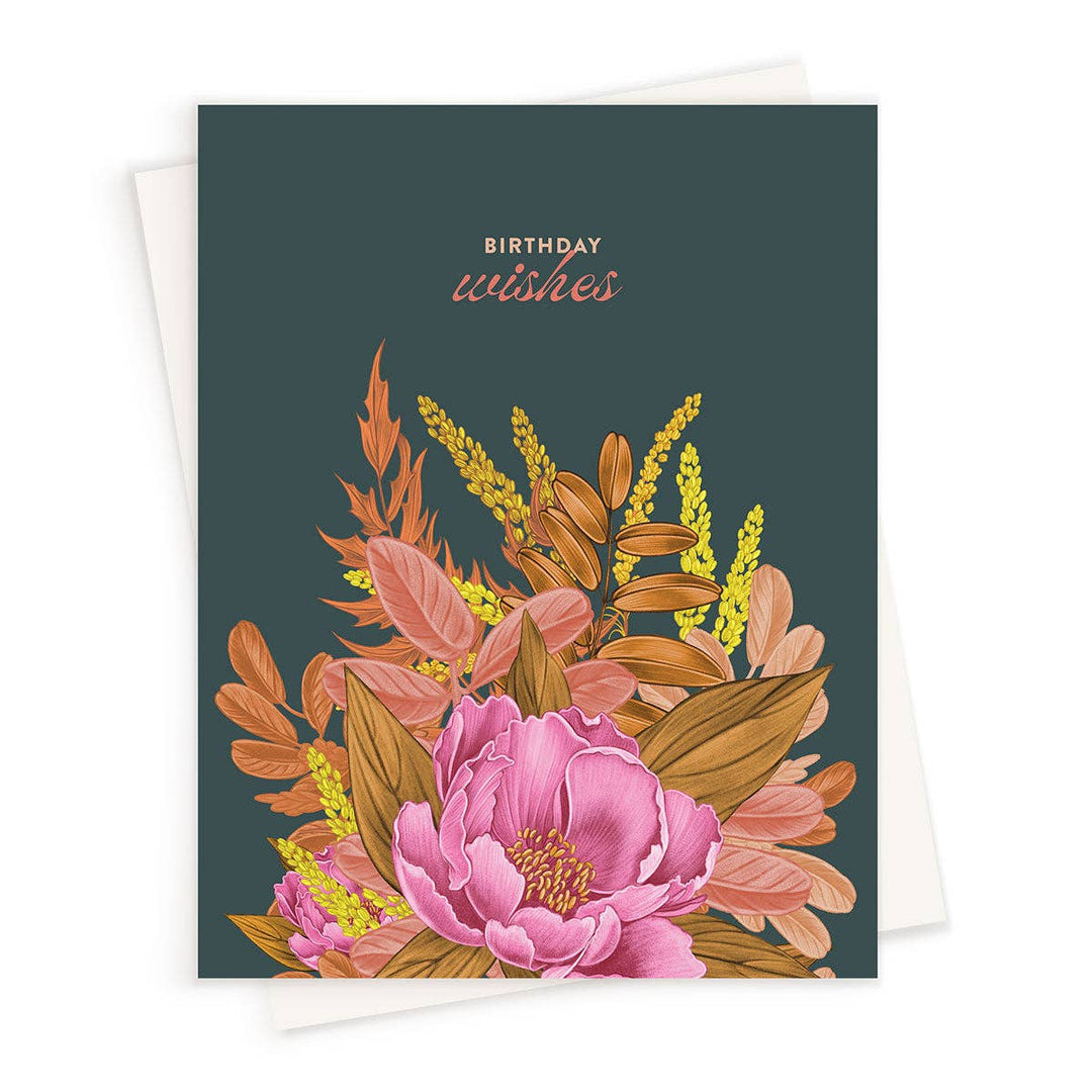 Floral birthday card with pink peony and brown leaves on a dark green background