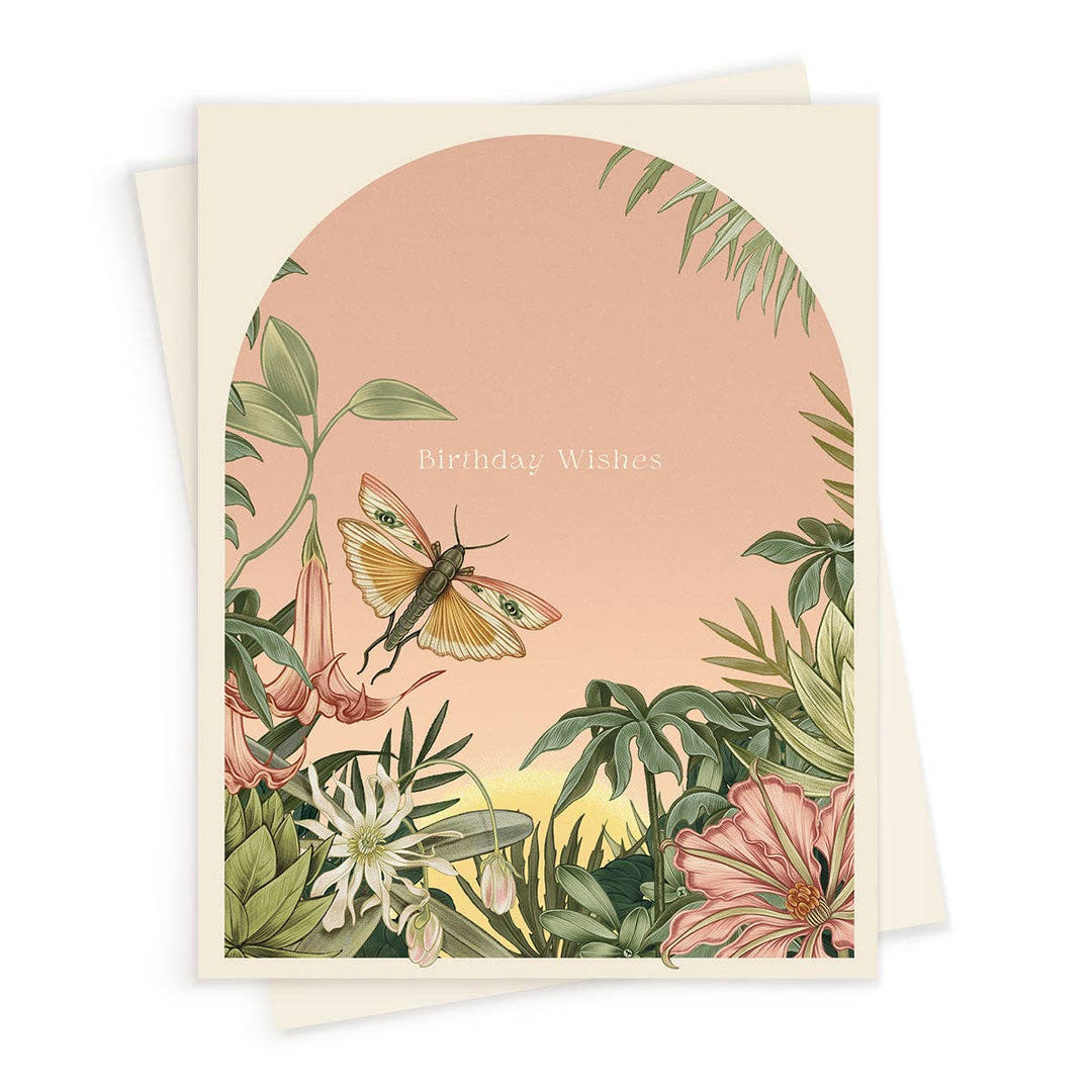 Greeting card with butterfly and floral design on a pink background