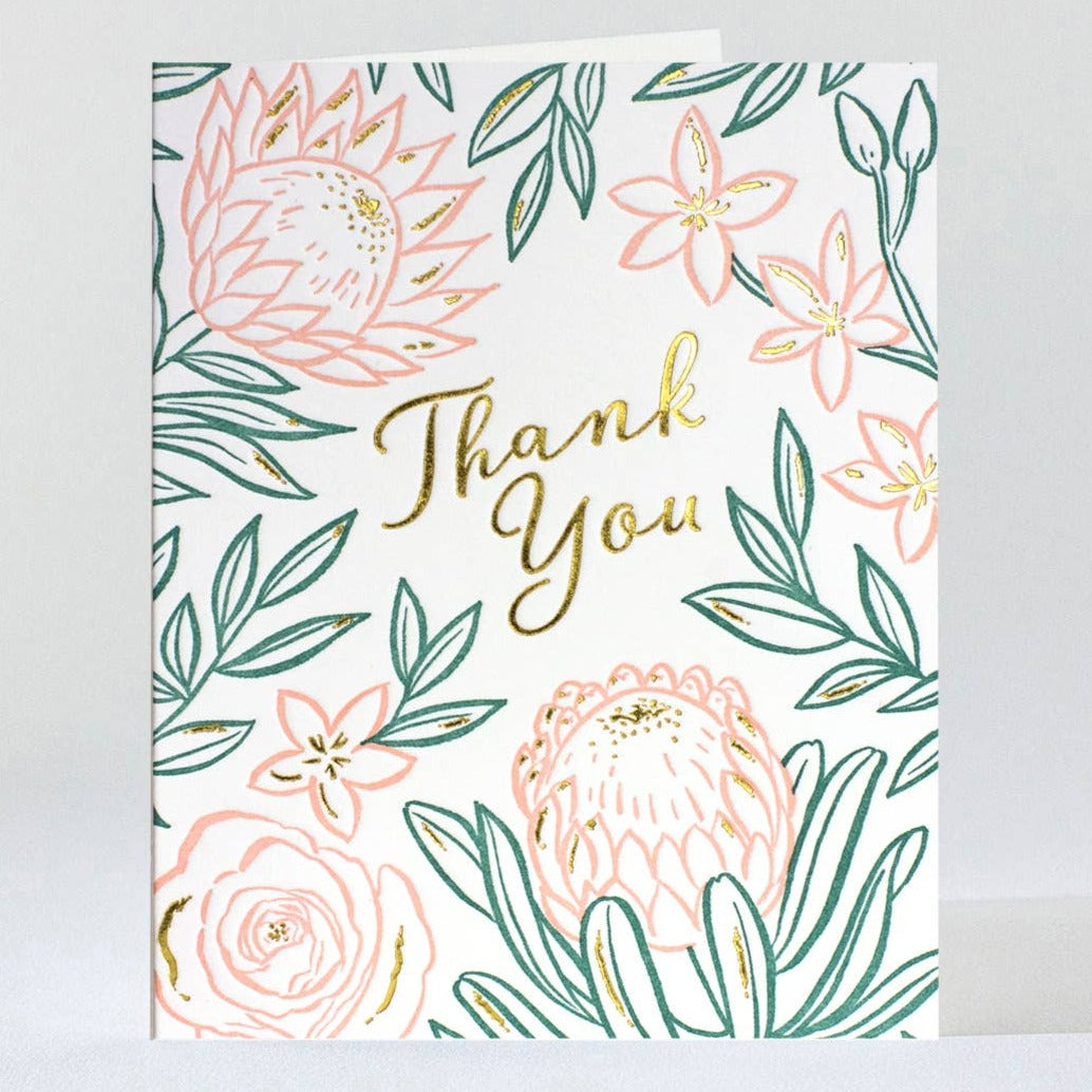 Bloom Thank You | Elum Designs | A white card with forest green leaves, pink florals, and gold accents. Text reads "Thank You".