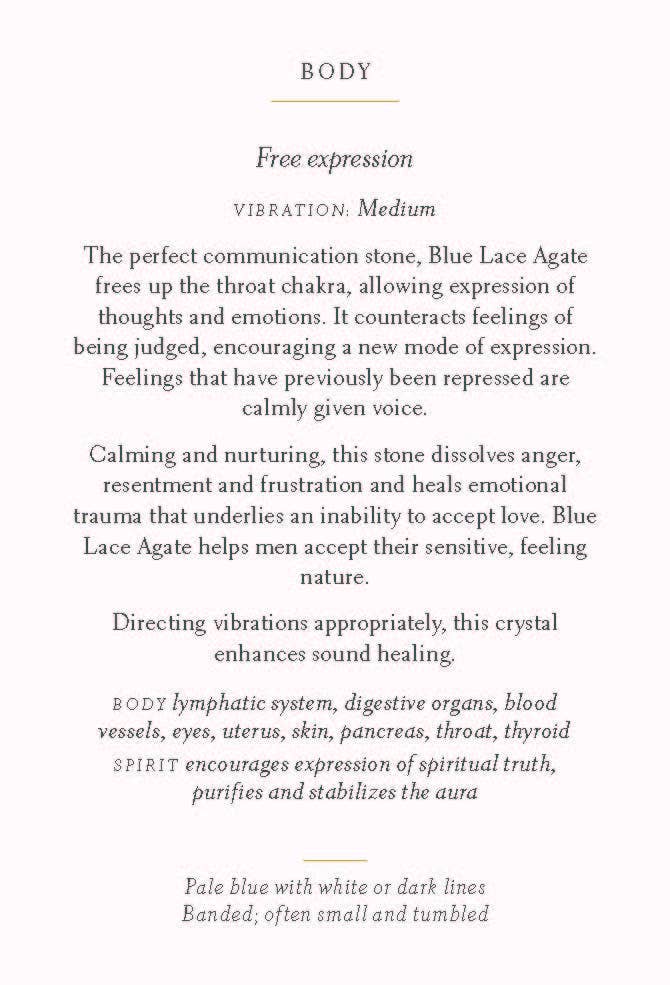 Text description of Blue Lace Agate properties on a white background