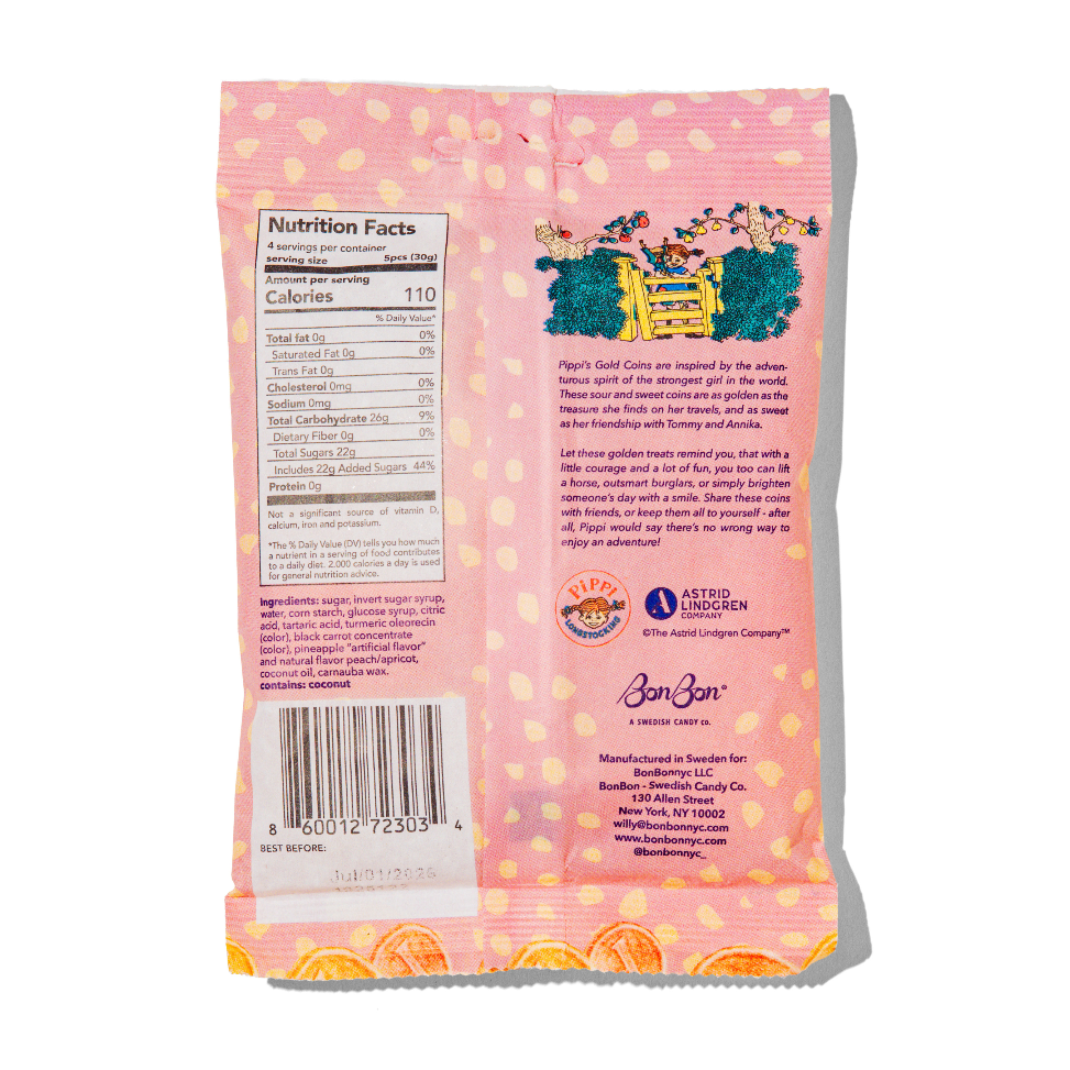 Back view of a pink snack package with text and bar code on a white background