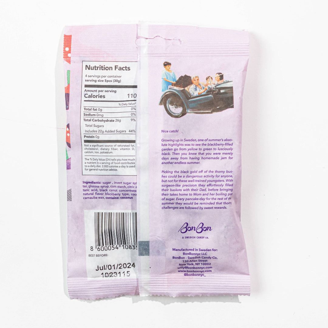 Purple package with text and a bar code on a white background