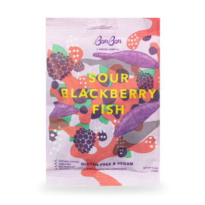 Sour Blackberry Fish candy package with colorful design on a white background