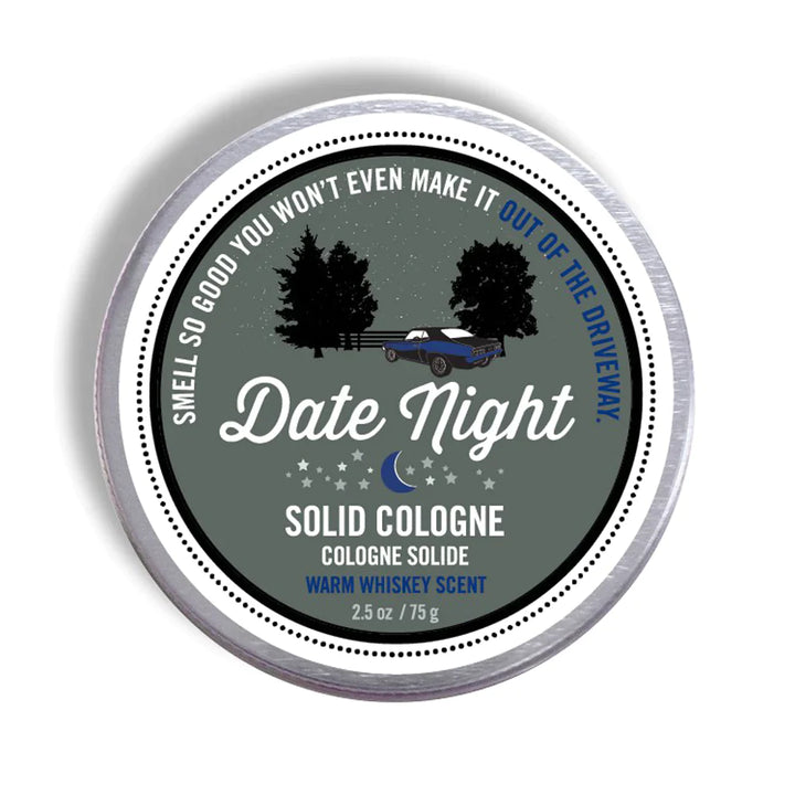 Walton Wood Farm | A metal tin with text "Smell so good you won't even make it out of the driveway. Date Night, solidcologne, cologne solide, warm whiskey scent, 2.5 oz / 75 g"