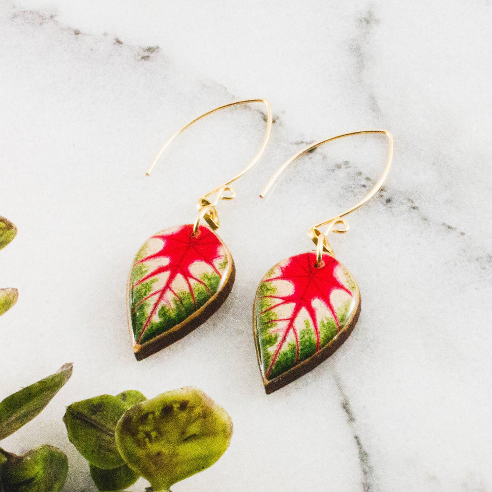 Heart-shaped earrings with red and green design on a marble surface