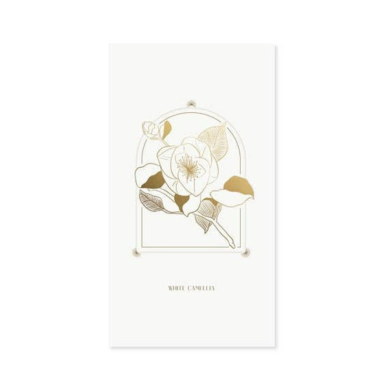 Photo of the front of the pop-up card featuring a gold foil embossed white camellia flower.