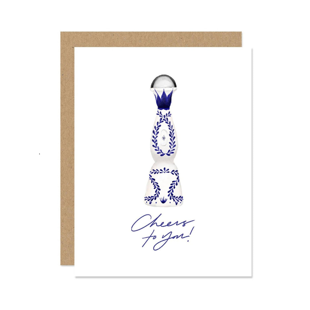 A white card with a bottle design and text that reads "Cheers to you!"