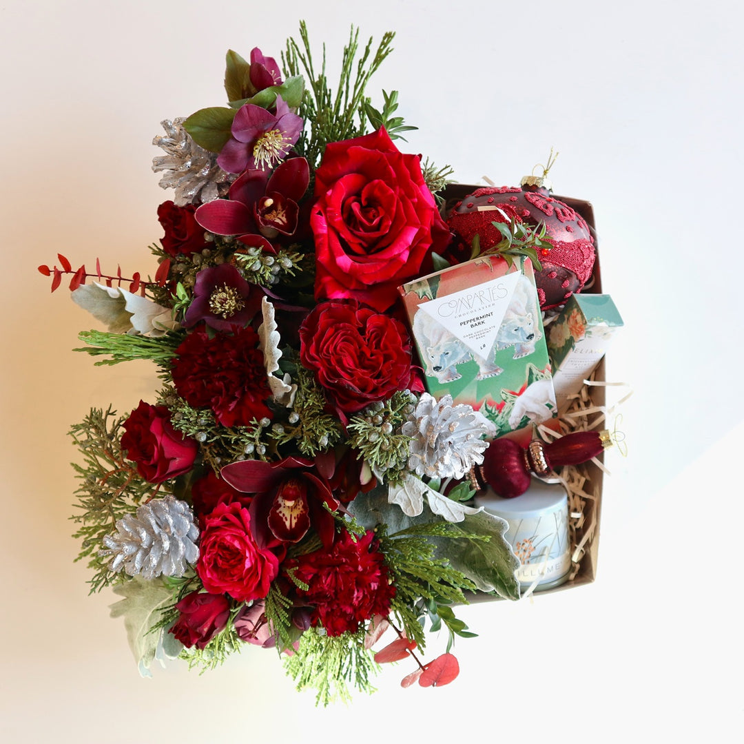 Peppermint Swirl Gift Box with flowers blooms and chocolates 