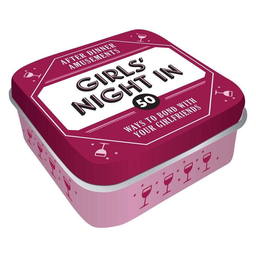 Chronicle Books | Party Game | Girls' Night In | 50 activities, after dinner amusements, ways to bond with your girlfriends. A pink tin decorated with glasses of wine.