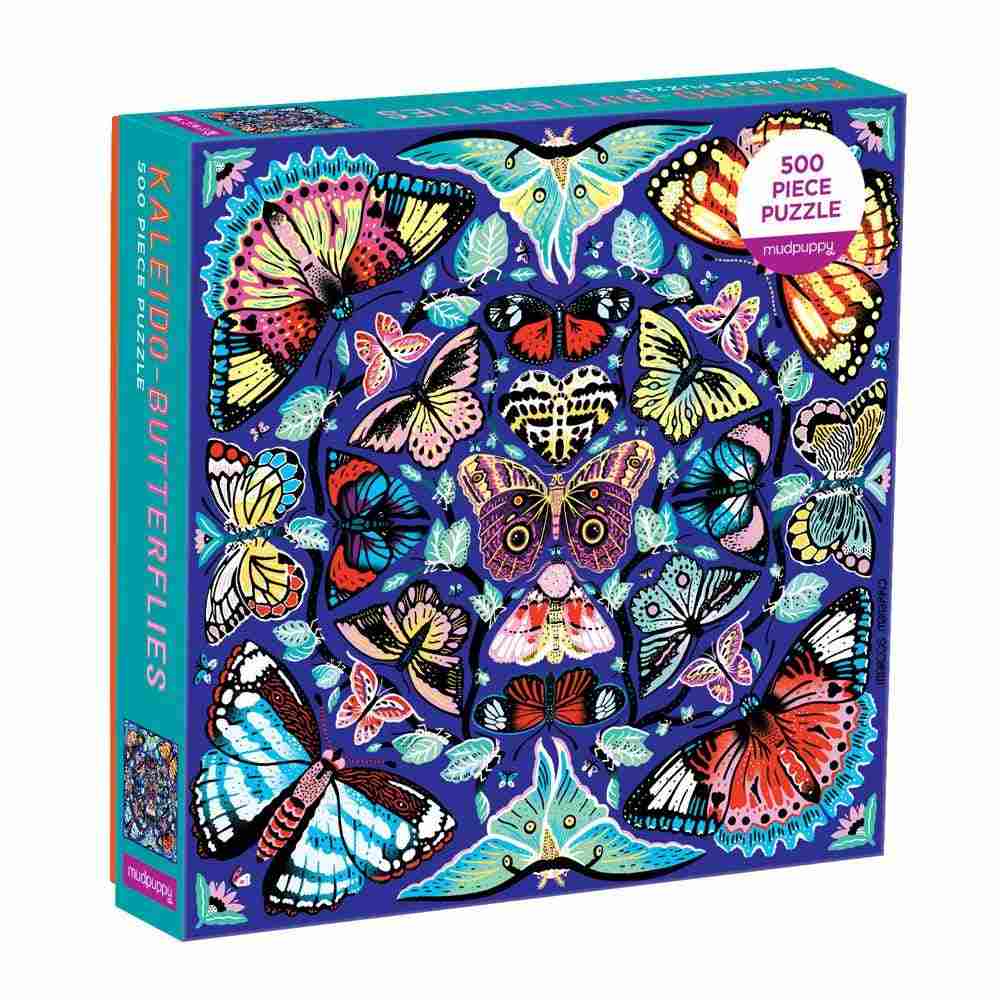 Chronicle Books | Kaleido-butterflies 500 Piece Family Puzzle features an illustration of colorful butterflies arranged in a pattern inspired by the dazzling view through a kaleidoscope.