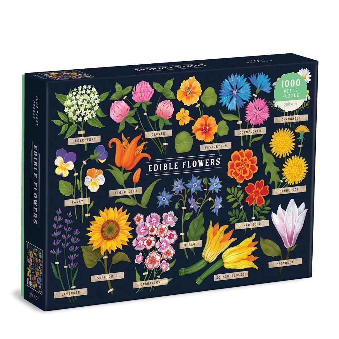 Chronicle Books | Edible Flowers Puzzle | A black background with colorful labeled flowers. 1000 pieces.
