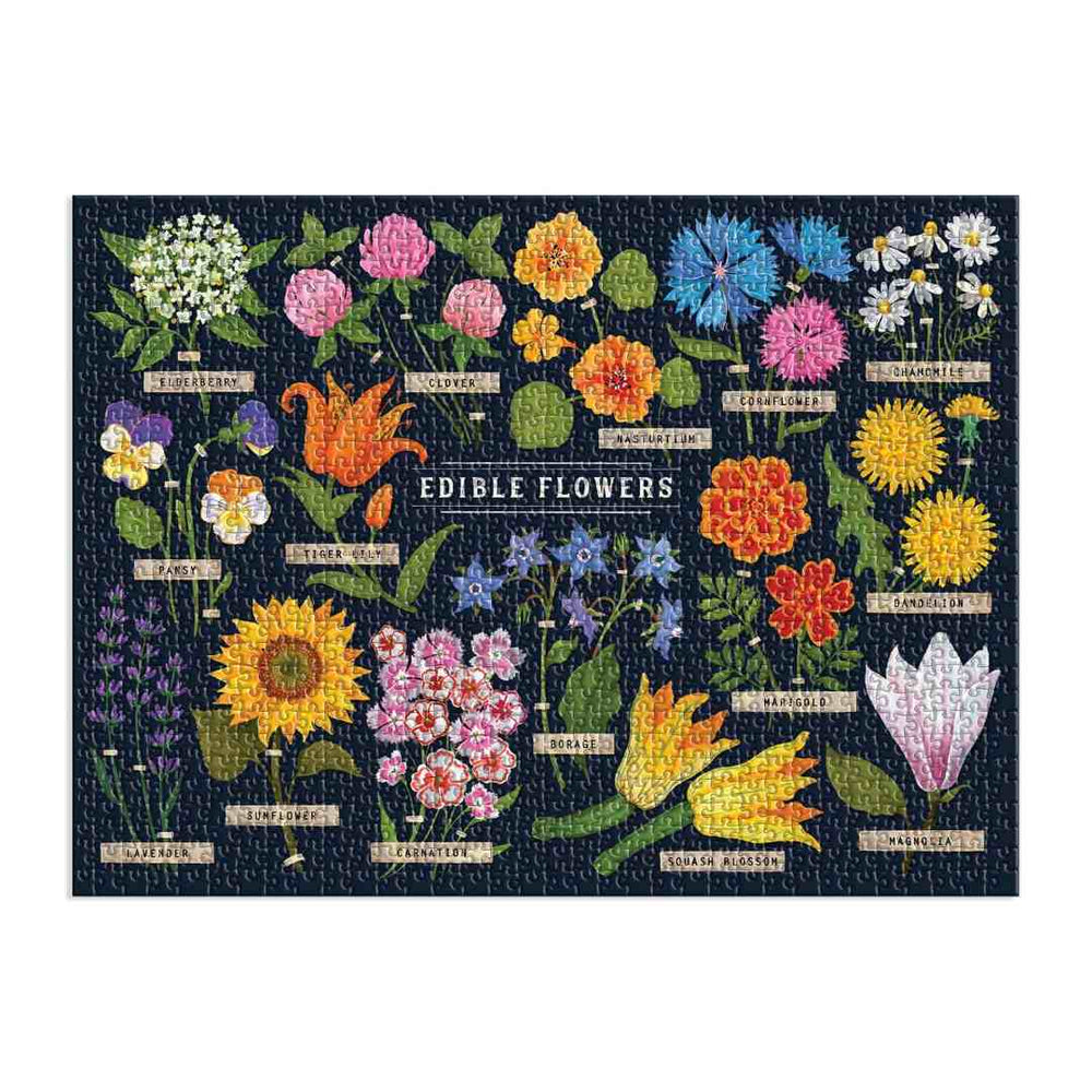 Chronicle Books | Edible Flowers Puzzle | A black background with colorful labeled flowers. 1000 pieces.