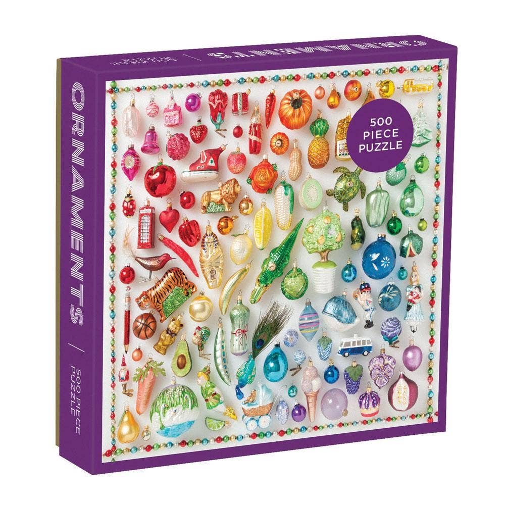 Chronicle Books | Ornaments | 500 piece puzzle showing a rainbow of colored Christmas ornaments.