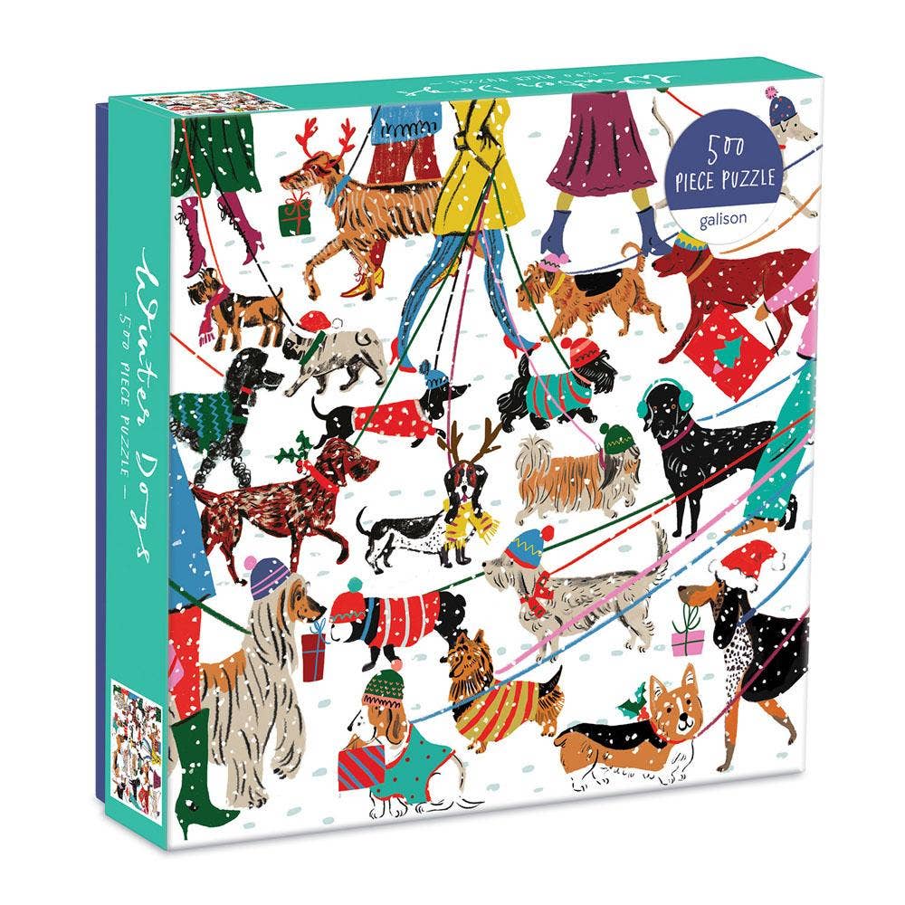 Chronicle Books | Winter Dogs Puzzle. A 500 piece puzzle with dogs wearing winter clothes.