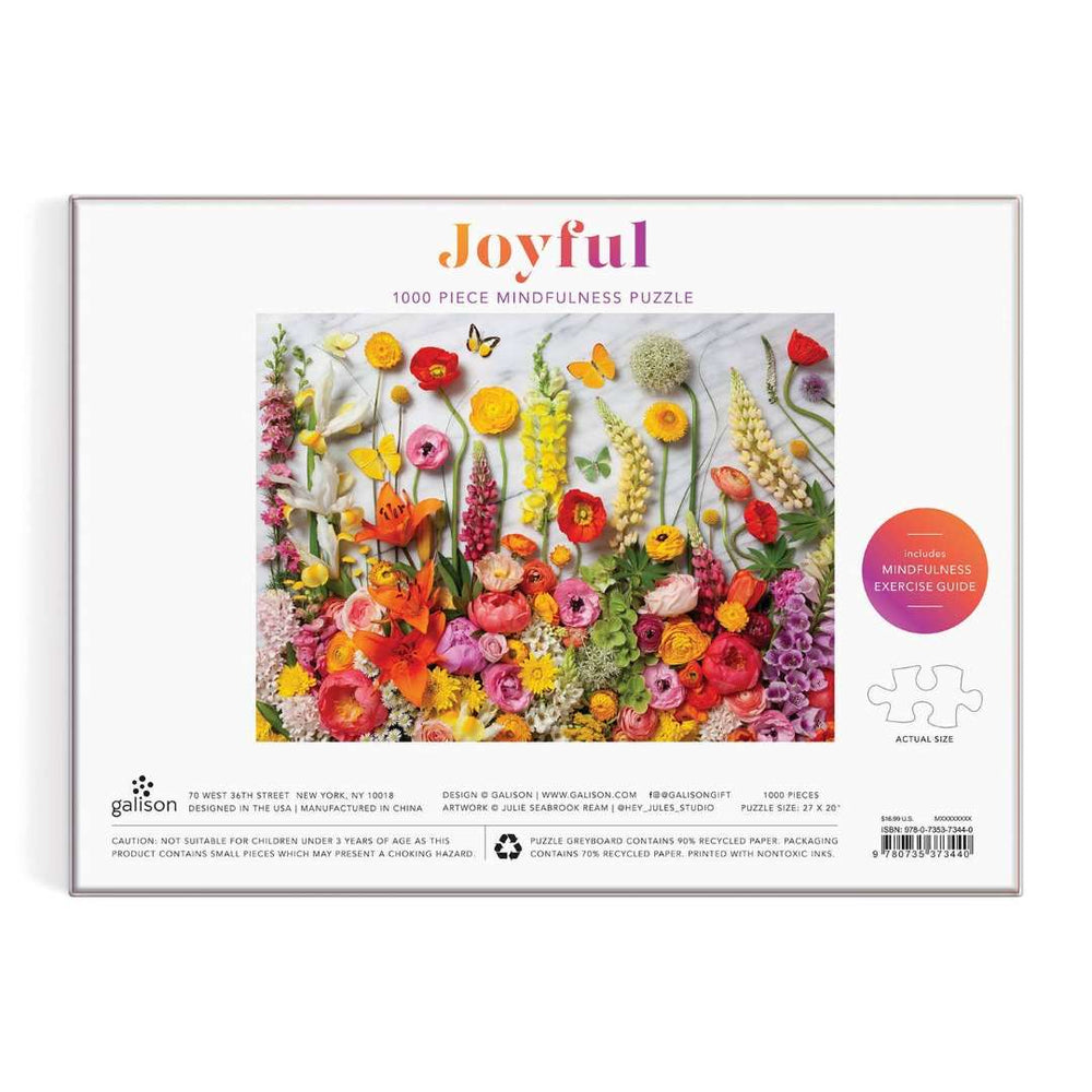 Chronicle Books | 1000 piece puzzle. Mindfulness puzzle, Joyful, mindfulness exercise guide. "Find peace in the pieces." Back of the box.