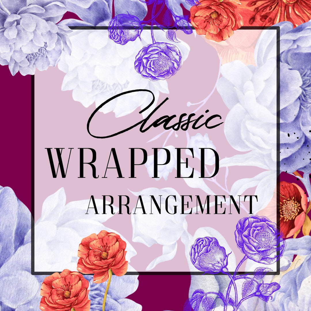 Floral arrangement with text 'Classic Wrapped Arrangement' on a colorful background