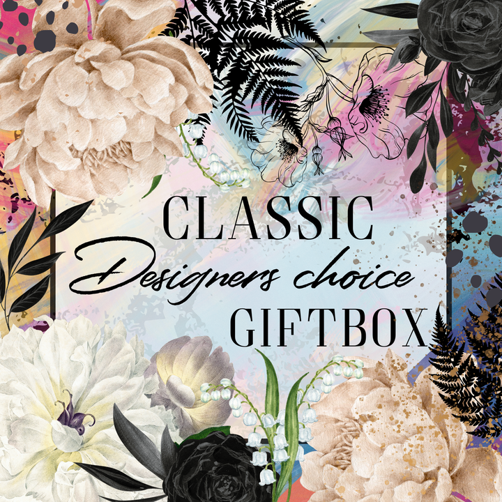 Floral design with text 'Classic Designers choice GIFTBOX' on a colorful background