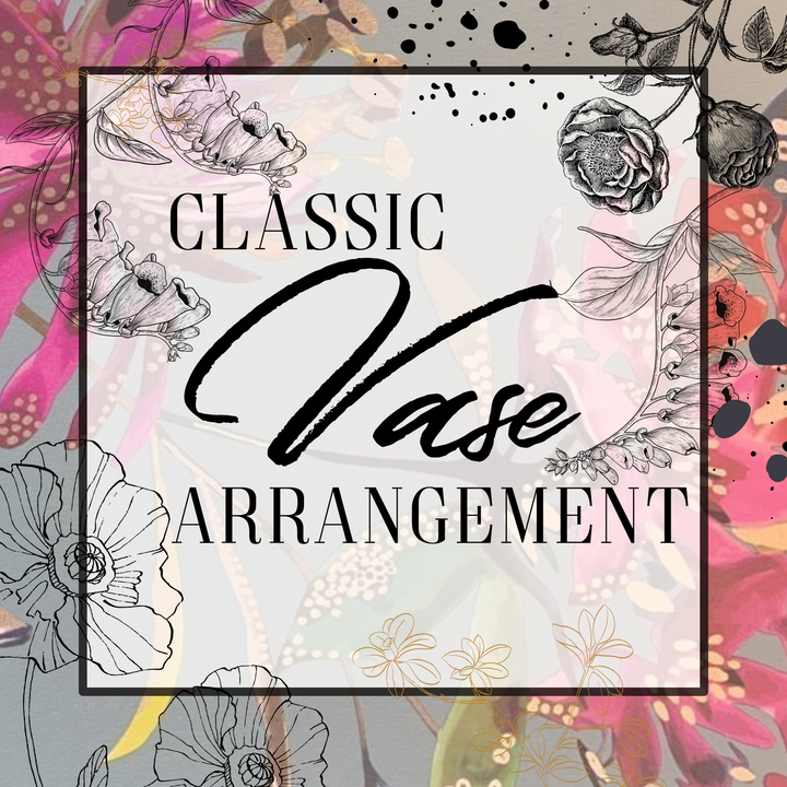 Decorative design with floral elements and text 'Classic Vase Arrangement' on a colorful background.