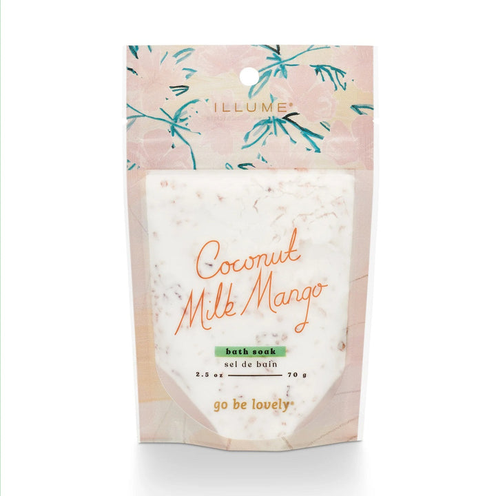 Illume Bath Soak | Coconut Milk Mango, bath soak, 2.5 oz, 70 g, go be lovely, a light pink floral package.