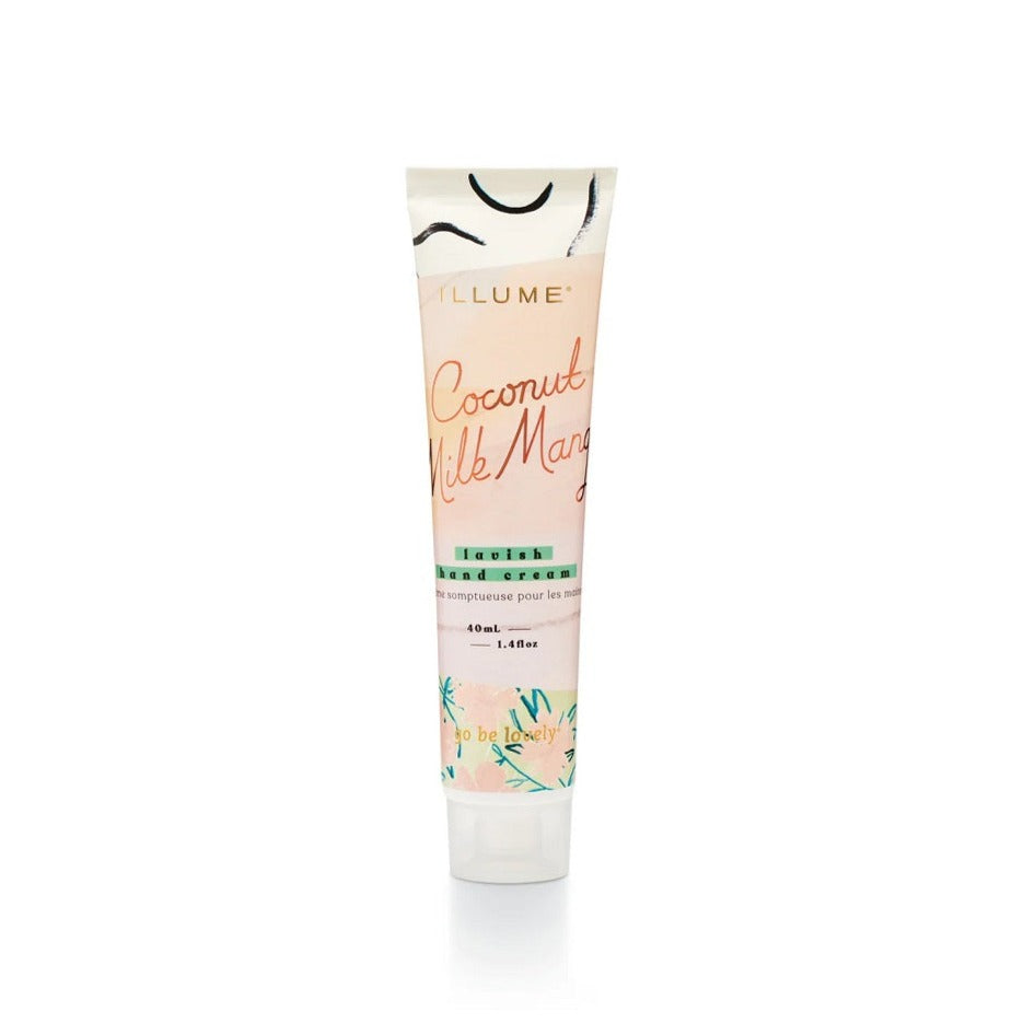 Go Be Lovely Hand Cream | Coconut Milk Mango, lavish hand cream, 40ml, 1.4fl oz. A pink, peach and green squeeze bottle.