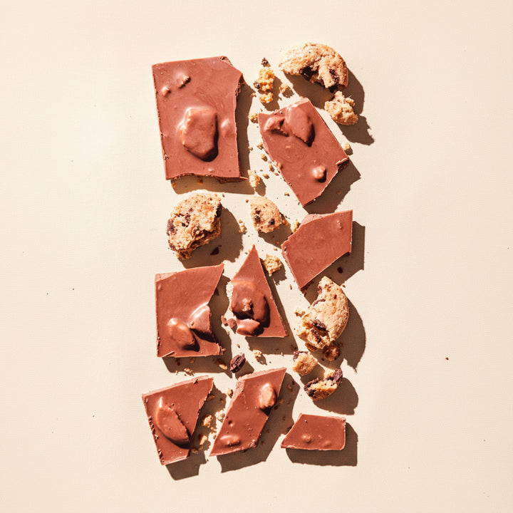 Compartes chocolate chip cookies chocolate bar. Wrapper-less bar broken in pieces.