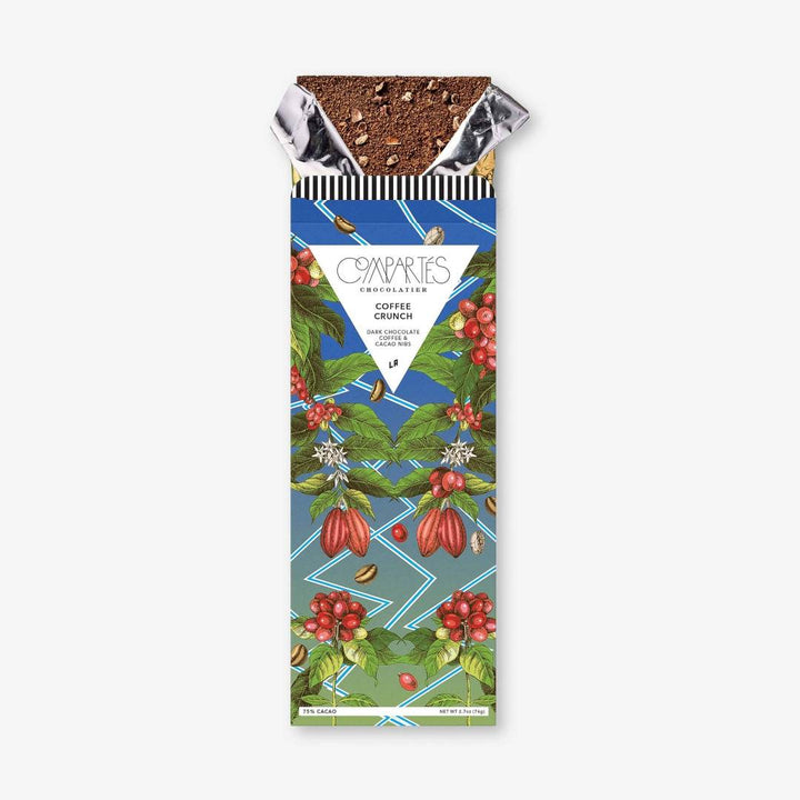 Compartes | Packaged chocolate bar with a colorful label featuring coffee beans and cherries on a white background.