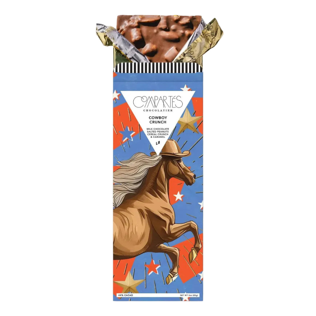 Chocolate bar packaging with a horse and star design on a white background