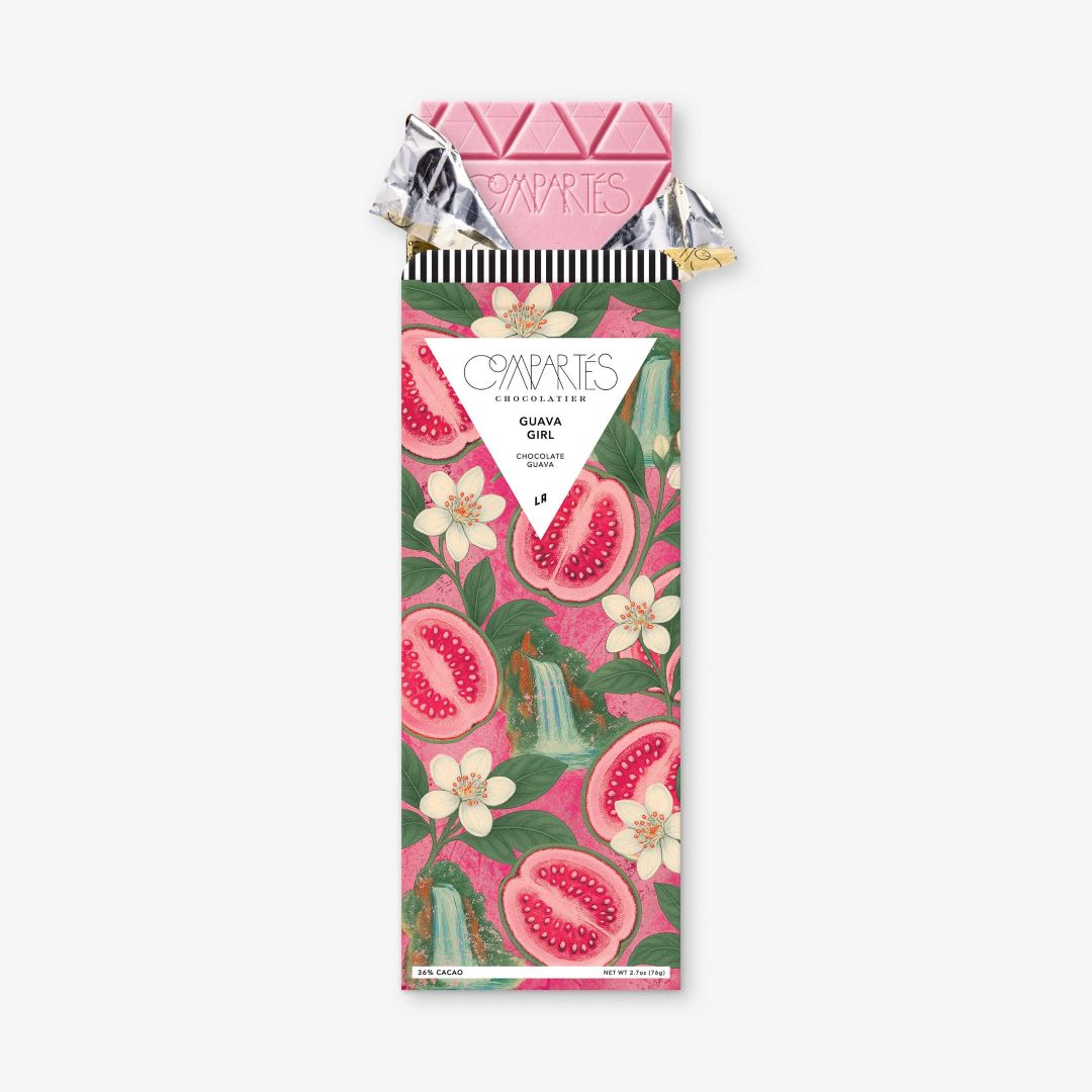 Compartes | Guava Girl | Chocolate bar packaging with floral and fruit design on a white background