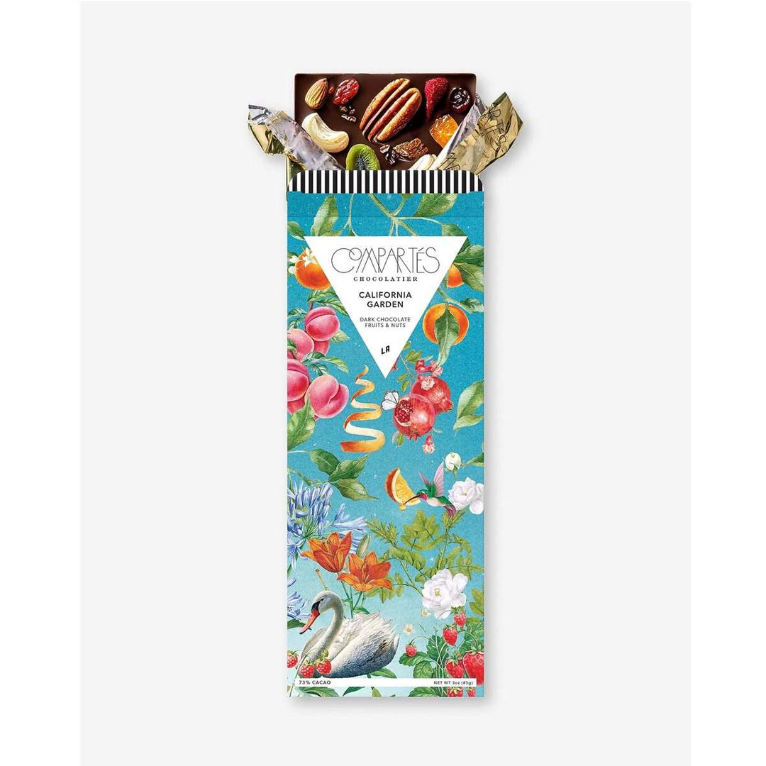 Compartes Chocolate | CALIFORNIA GARDEN Chocolate Bar - Vegan / Gluten Free | A whymsical scene with fruit, birds, and flowers against a sky background.