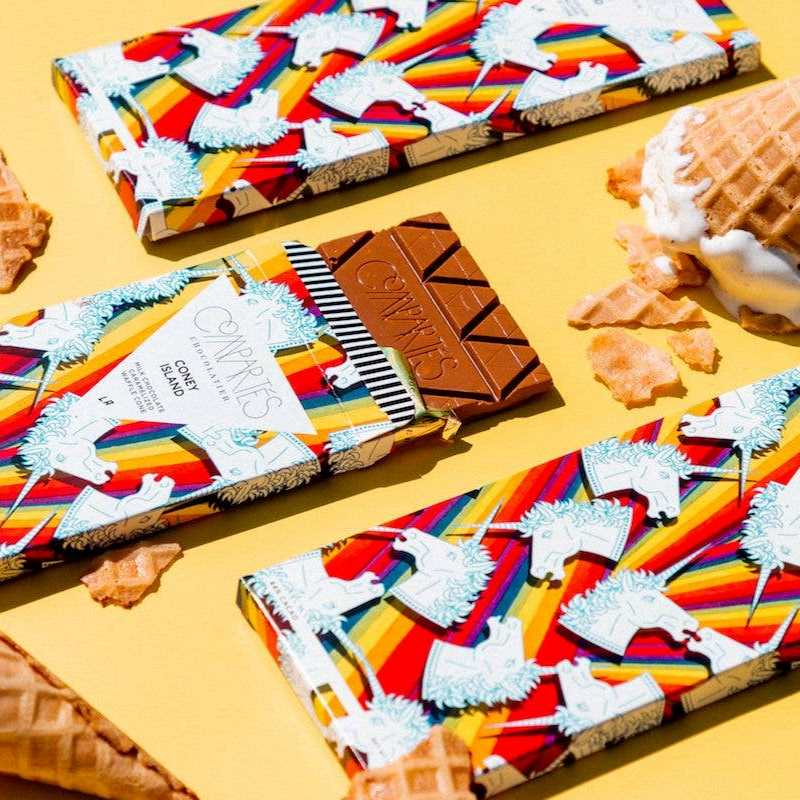 Compartes Chocolate | Coney Island | Milk chocolate with caramelized waffle cone. Comes in a rainbow package with unicorns.