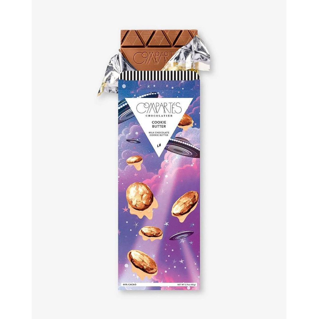 Compartes Chocolate | Cookie Butter Chocolate Bar | An outerspace themed package with cookies representing fying ufos.