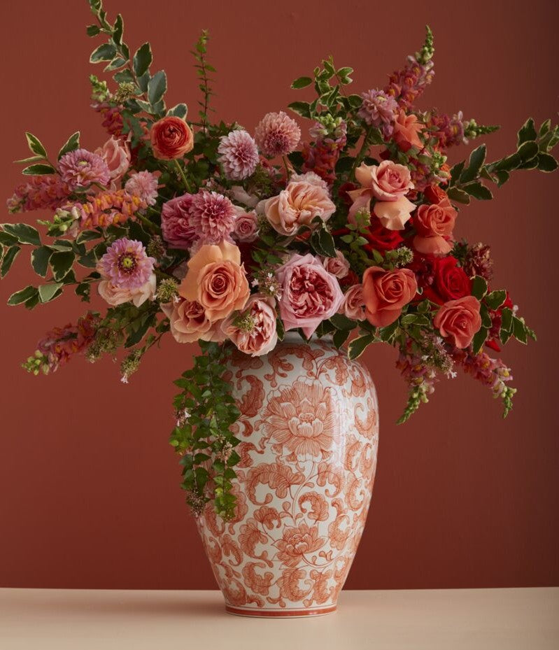 Coral Elodie Vase |  Hand Painted Chinoiserie Centerpiece