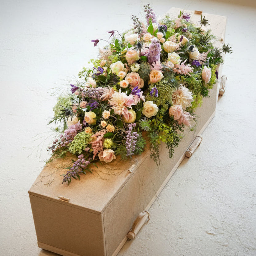 Casket with a floral arrangement on a tiled floor