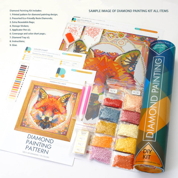 Diamond painting kit with pattern sheet, diamonds, and packaging on a white background