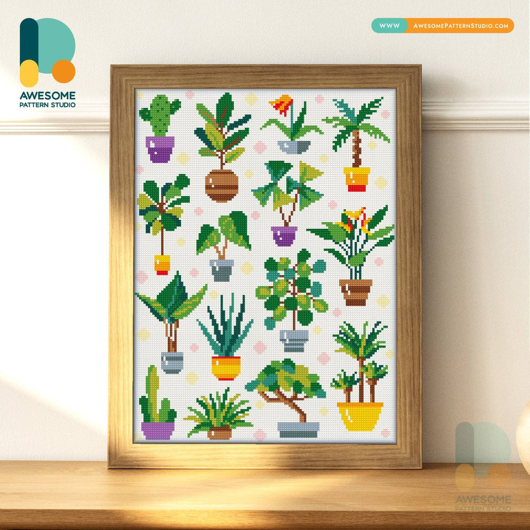 Framed cross-stitch pattern of potted plants on a white background, with &
