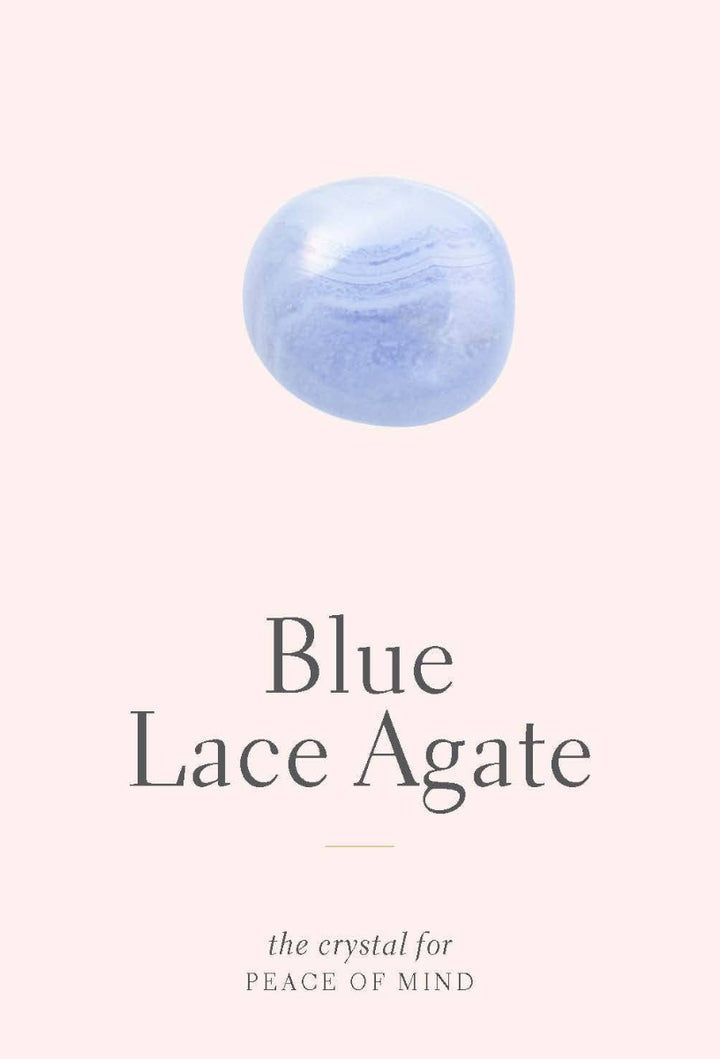 Blue lace agate crystal on a light pink background with text about its properties.