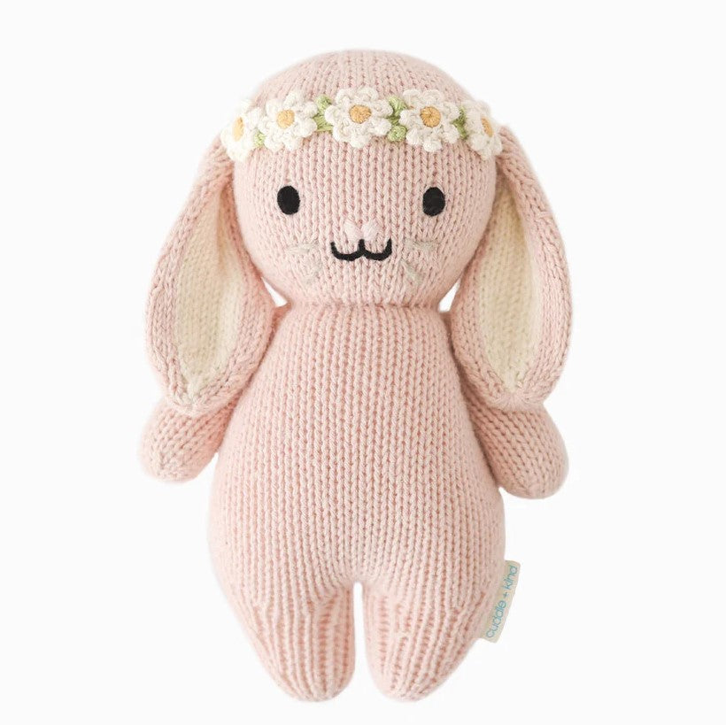 Cuddle + Kind | Baby Bunny rose colored with a white flower crown. Hand knit.