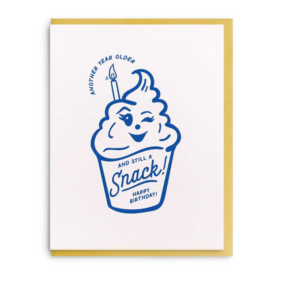 Dahlia Press | Framed birthday card with blue cupcake illustration and text on a white background
