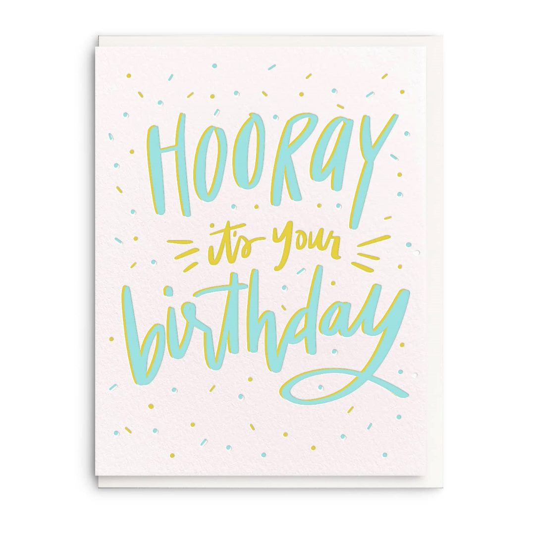 Dahlia Press | HOORAY it's your birthday | A white card with confetti/sprinkles dotting the background.